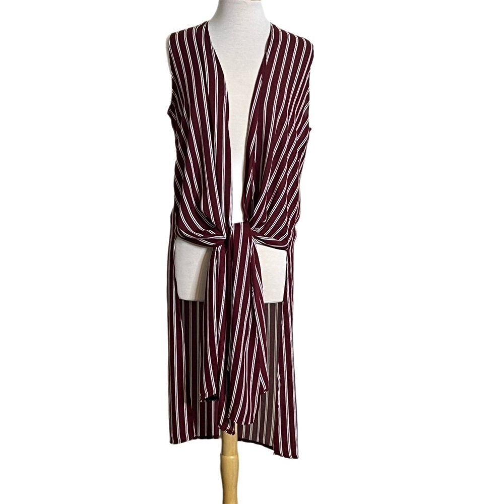 LuLaRoe Joy Burgundy Striped Long Sleeveless Vest Women’s Size M - Picture 3 of 9